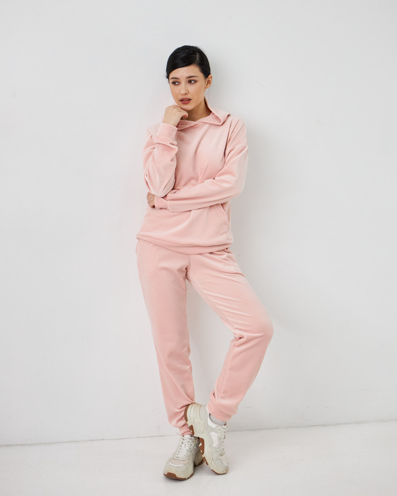 Жіночий велюровий костюм з капюшоном (Розмір L) пудровий №20222144