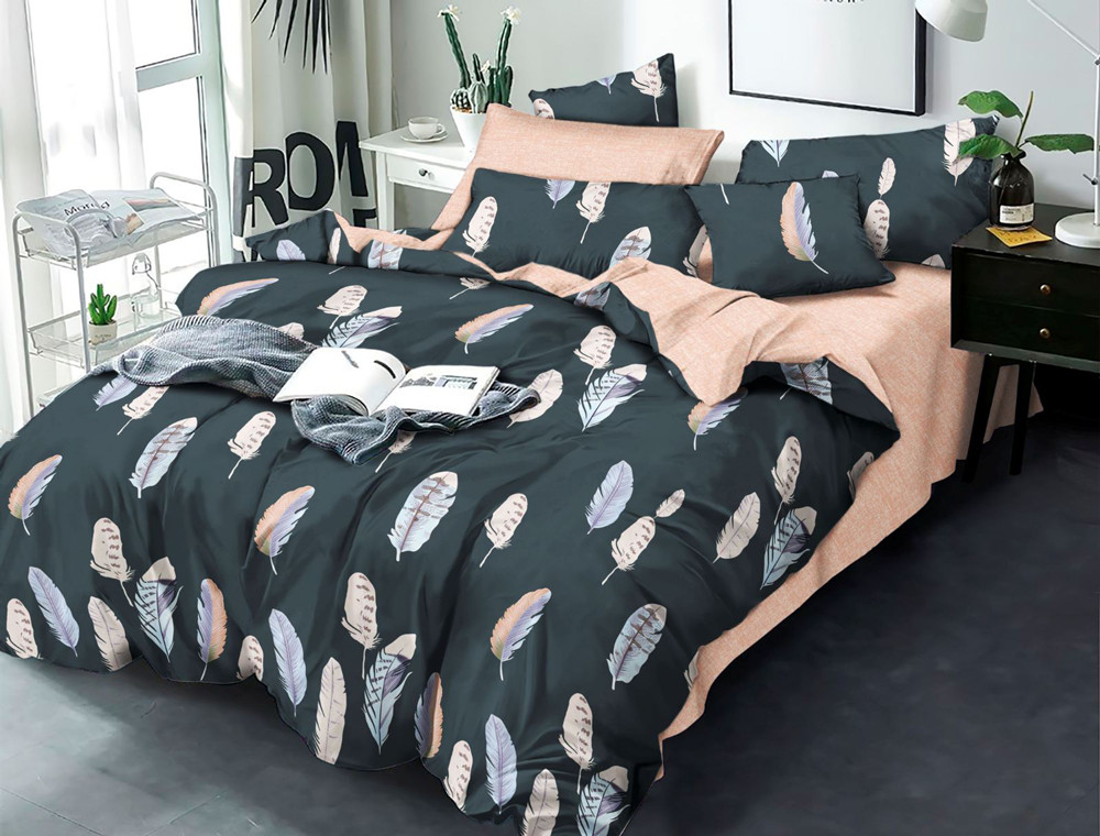 Тканина для постільної білизни Бязь "Gold" Lux "Ніжне пір'я – синє" GL1526 (A+B) - (50м+50м)