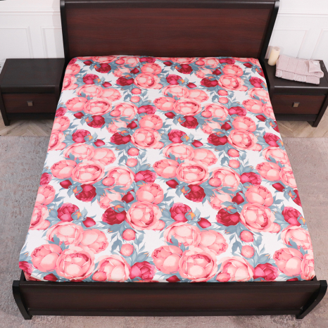 Простынь на резинке (160*200*25) пудровое с цветочным принтом №663119