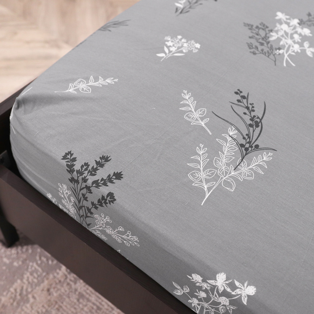 Простирадло на резинці (90*200*25) сіре з рослинним принтом №668425
