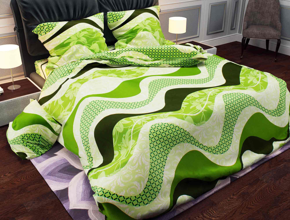 Ткань для постельного белья Бязь "Gold" Lux ""Абстрактный принт (волнистые, зелёный)"  GL314