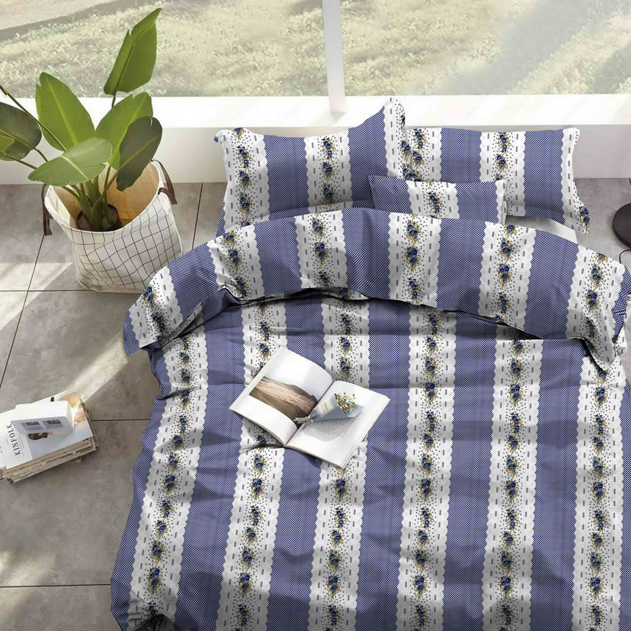 Тканина для постільної білизни Бязь "Gold" "Дорога квітів" GLL13308blue