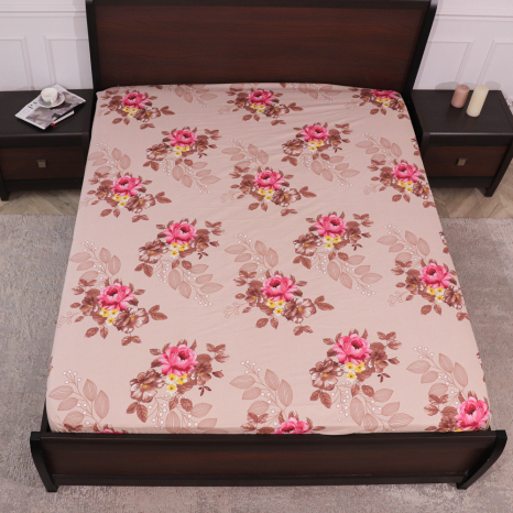 Простынь на резинке (160*200*25) бежевая с цветочным принтом №665090 