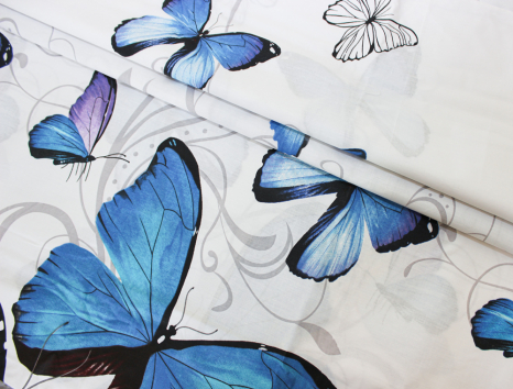 Ткань для постельного белья Бязь "Gold" Lux  "Бабочки (синий)" GL1120A