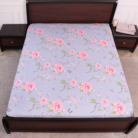 Простынь на резинке (180*200*25) голубое с цветочным принтом №663120