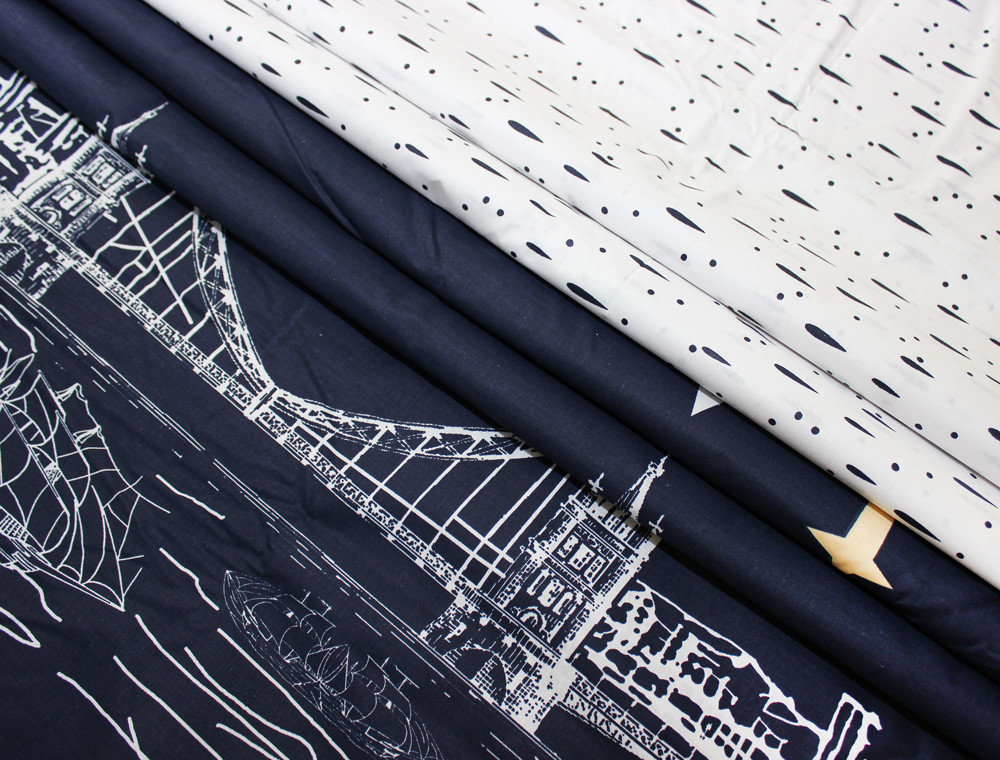 Тканина для постільної білизни Бязь "Gold" Lux "Лондонський міст (урбаністичний, синій)"GL1328 (A+B) - (50м+50м)