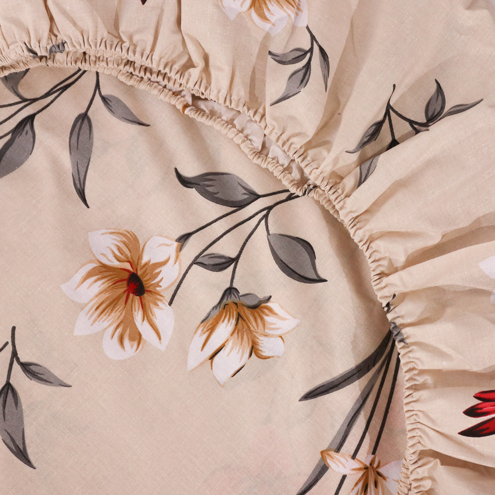 Простынь на резинке (180*200*25) бежевая с цветочным принтом №668199