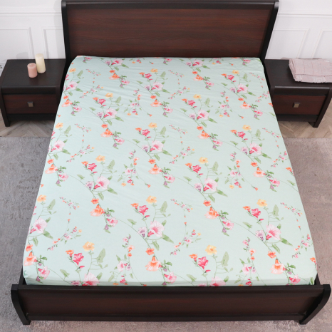 Простынь на резинке (160*200*25) мятная с цветочным принтом №663112