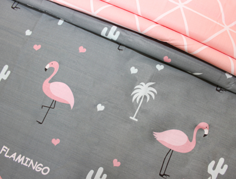 Тканина для постільної білизни Бязь "Gold" Lux "Рожеві фламінго (дрібний, графітовий)" GL1288 (A+B) - (50м+50м).