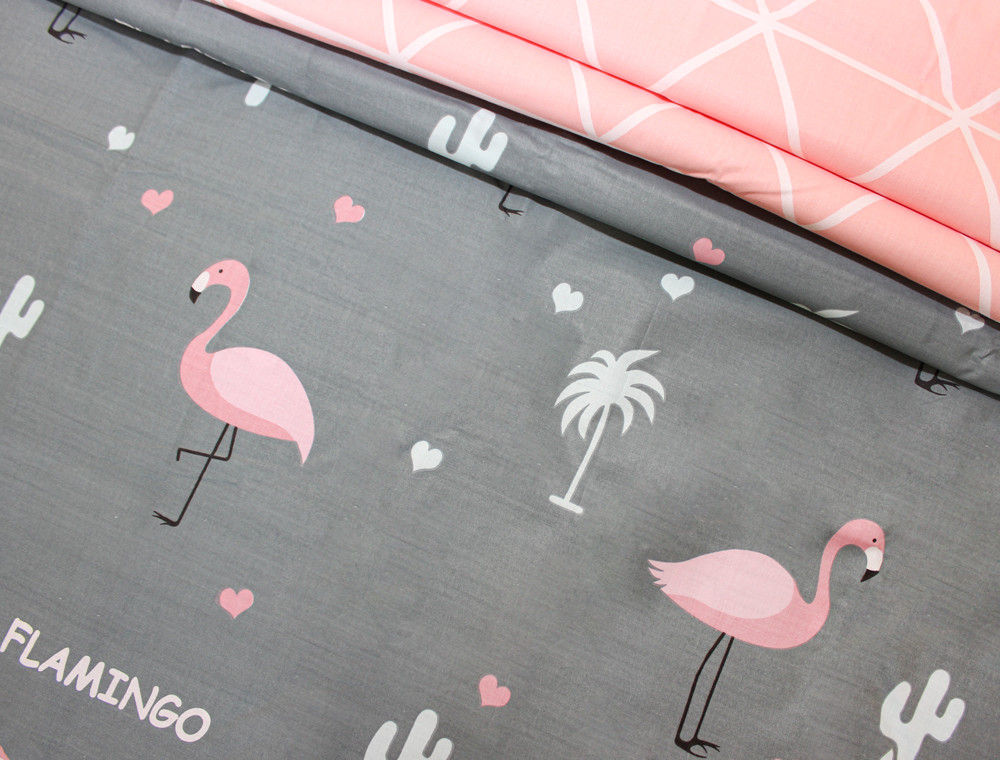 Тканина для постільної білизни Бязь "Gold" Lux "Рожеві фламінго (дрібний, графітовий)" GL1288 (A+B) - (50м+50м).