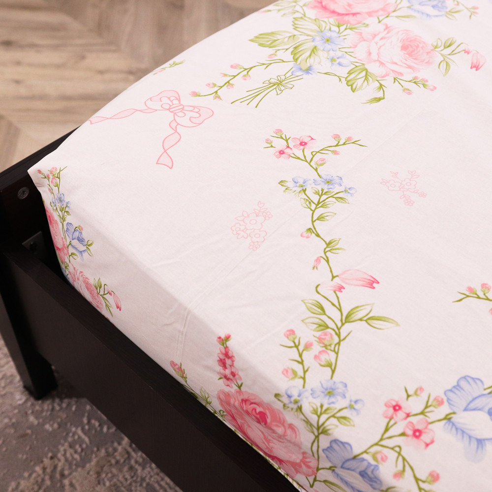 Простирадло на резинці (90*200*25) біле з квітковим принтом №665095
