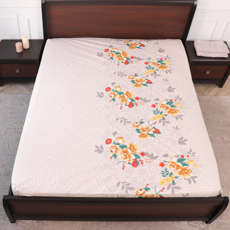 Простынь на резинке (160*200*25) бежевая с цветочным принтом №663116