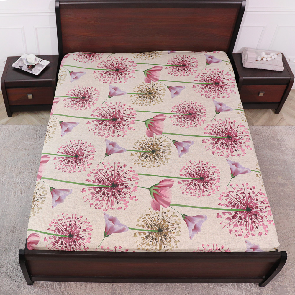 Простирадло на резинці (160*200*25) бежеве з квітковим принтом №667903