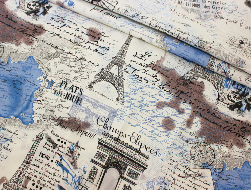 Ткань для постельного белья Бязь "Gold" Lux "Архитектура Парижа (синий)" GL669.